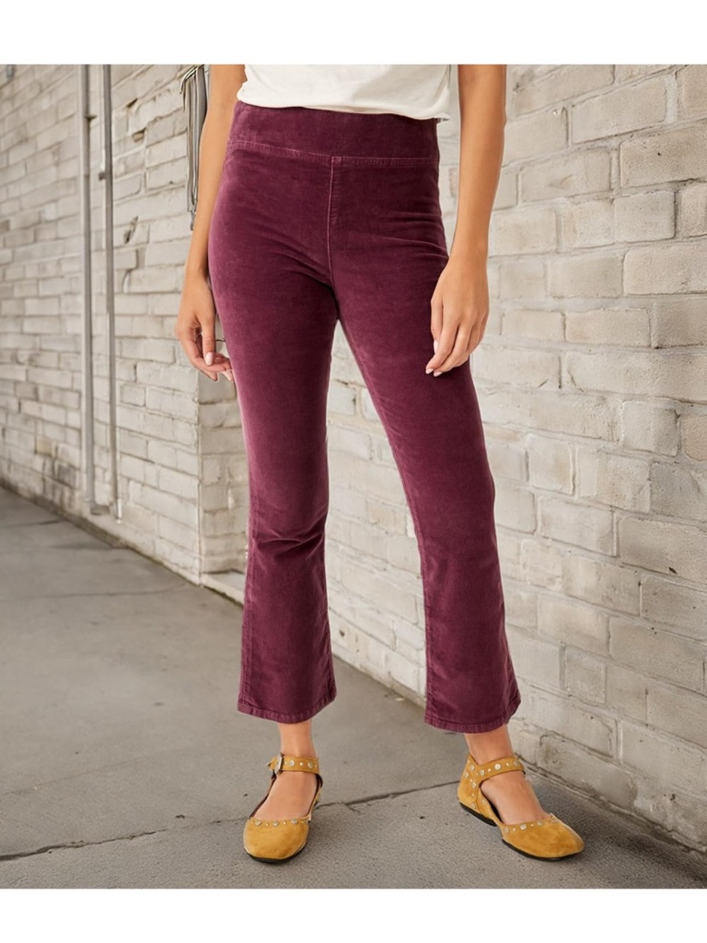 Free People In My Feelings Velvet Mid-Rise Crop Boot Pants in Fig Jam - Small